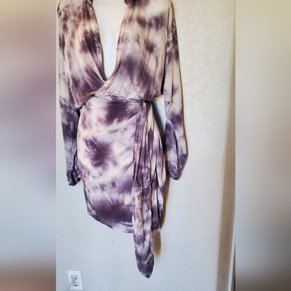 Young Fabulous & Broke Lavender Long Sleeve Plunge Tie-Dye Shirt Wrap Dress - Picture 9 of 10